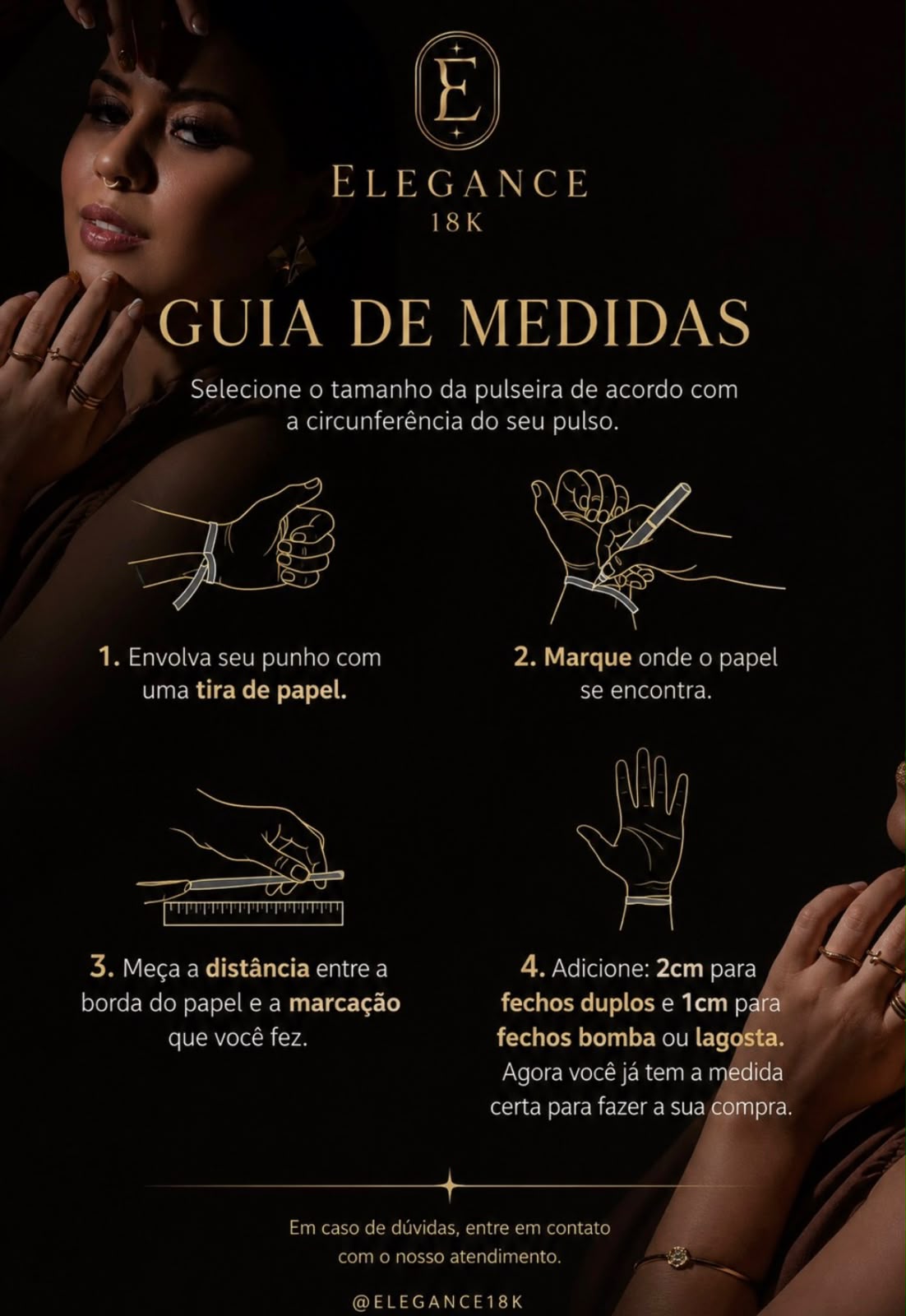 Guia ilustrado para medir o pulso e escolher o tamanho da pulseira